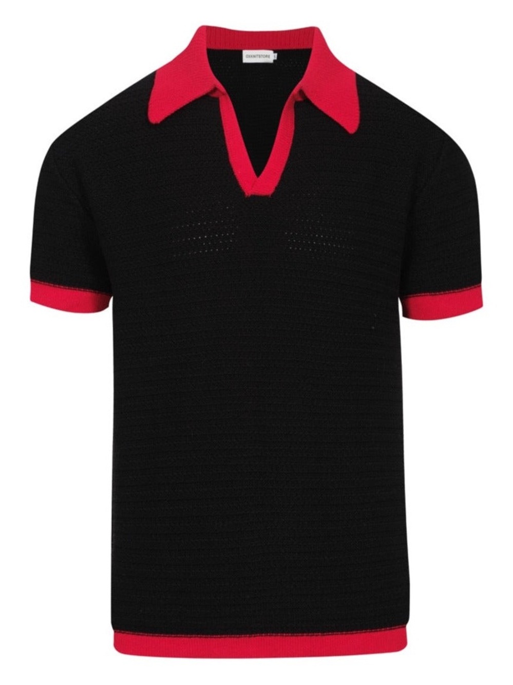 OXKNIT Men’s 70s Retro Knit Polo Black Red Contrast V-Neck Size 3XL